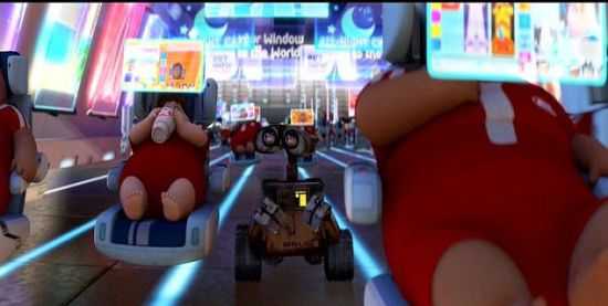 皮克斯動(dòng)畫工作室拍攝的《機(jī)器人總動(dòng)員》的劇照。在這部動(dòng)畫片描繪的未來世界，人們因?yàn)檫^度依賴技術(shù)成為大胖子，失去了行走能力