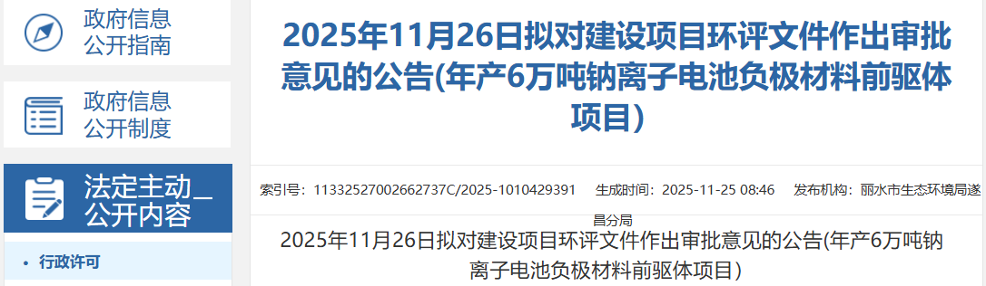 3億元！浙江麗水年產(chǎn)6萬噸鈉電池負(fù)極材料前驅(qū)體項目公示