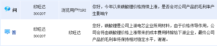 欣旺達:碳酸鋰漲價 成本將轉嫁下游 欣旺達:碳酸鋰漲價 成本將轉嫁下游