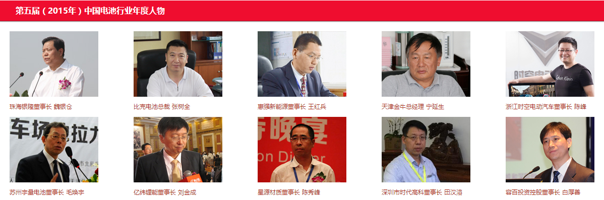 第五屆（2015年）中國電池行業年度人物/年度創新獎名單