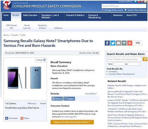 92起報告凸顯電池爆炸風險 美國召回百萬部三星Note 7手機 92起報告凸顯電池爆炸風險 美國召回百萬部三星Note 7手機