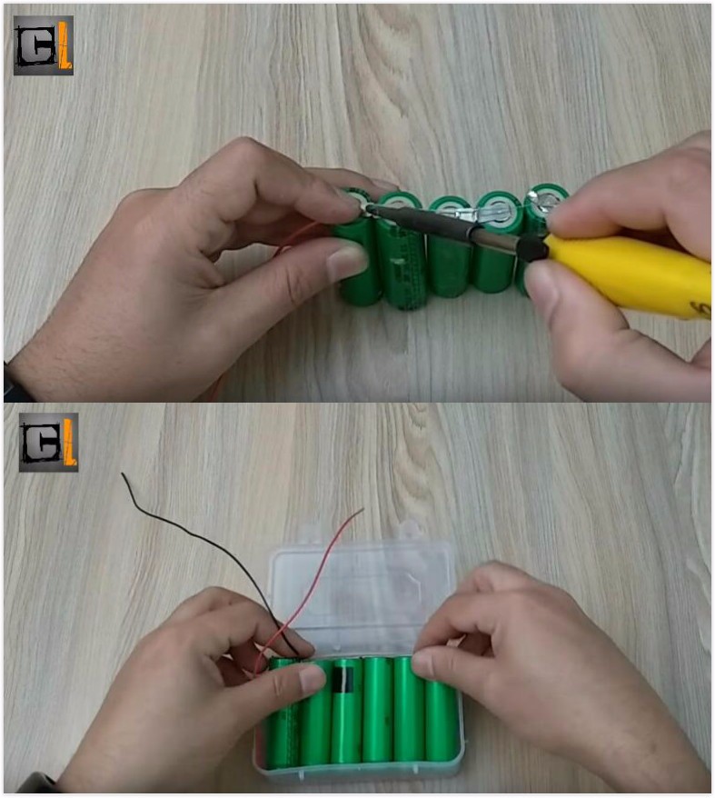 接著，將這幾顆鋰電池排成一排，并用熱焊槍將電源線焊接在電池的正負極上，并將其放入到一個盒子當中。