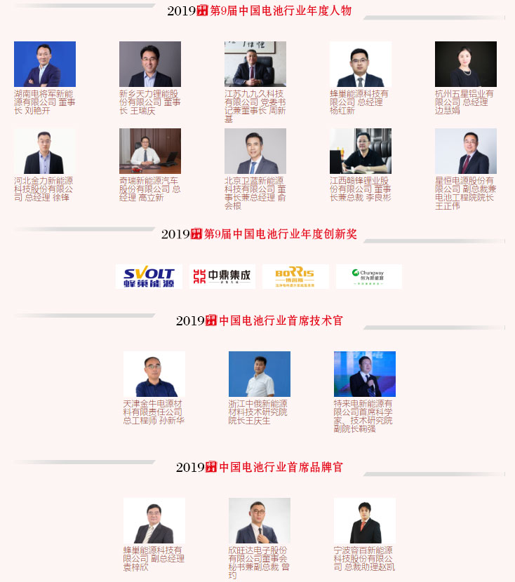 第9屆（2019年）中國電池行業年度人物/年度創新獎/首席技術官/首席品牌官名單揭曉