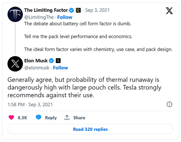 馬斯克在推特“商戰”以熱失控問題為由堅決抨擊應用大軟包單體電芯 馬斯克在推特“商戰”以熱失控問題為由堅決抨擊應用大軟包單體電芯