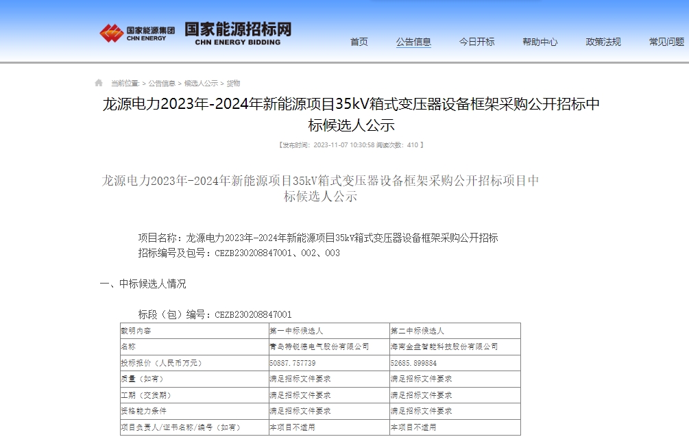超5億！特銳德預(yù)中標(biāo)龍?jiān)措娏π履茉错?xiàng)目35kV箱式變壓器項(xiàng)目