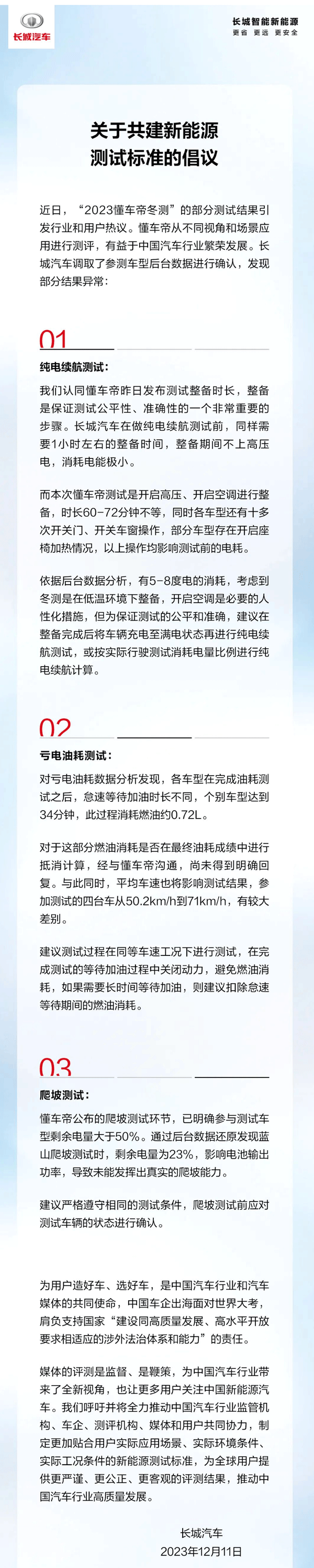 長城汽車發布共建中國新能源測試標準的倡議