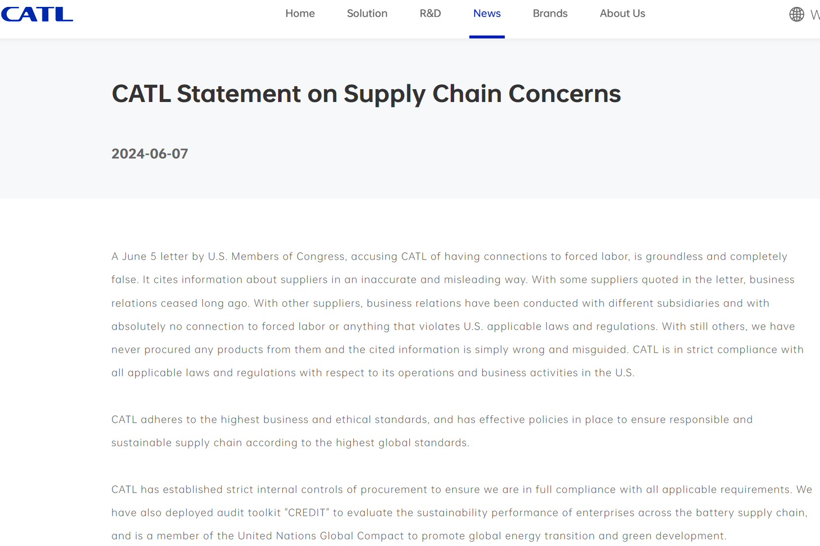 寧德時代發布關于供應鏈問題的聲明