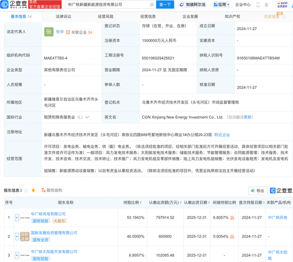 注冊資本150億！中廣核新疆新能源投資公司成立